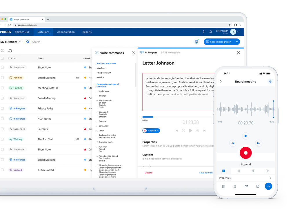 Laptop and smartphone with SpeechLive app